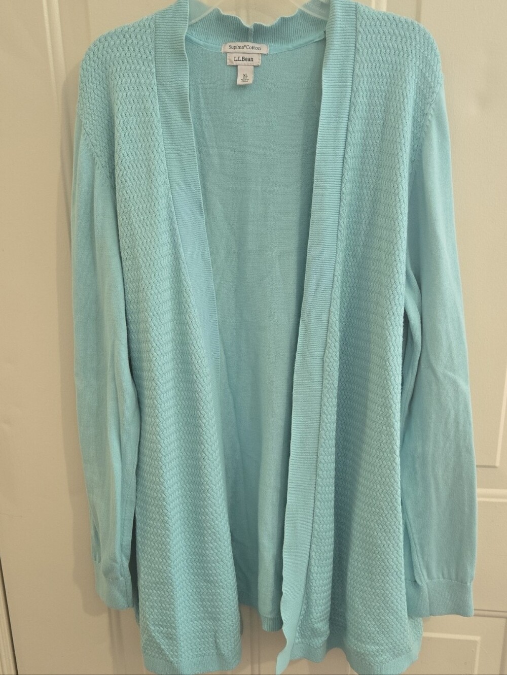 L.L. Bean 100% Supima Cotton Blue Open Front Cardigan Sweater XL Textured Knit